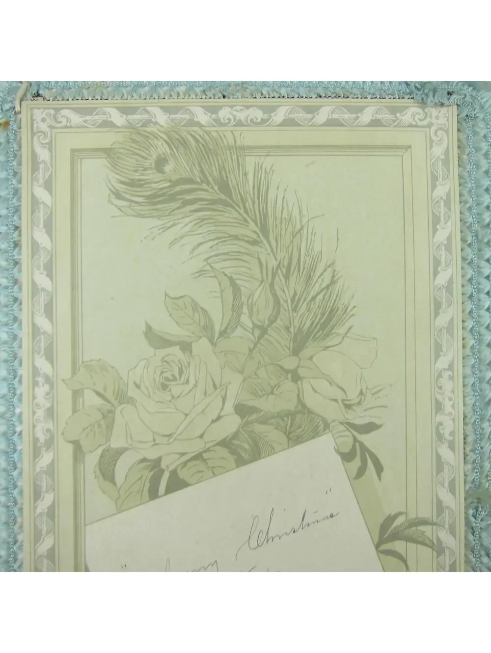 Victorian Card XL New Years Flowers Blue Silk Fringe Double Sided Antique 1886